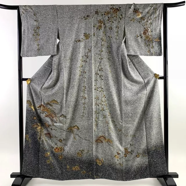 Japanese Silk Kimono Houmongi Gold Thread Foil Pine Tree Plum Black Gray 64"