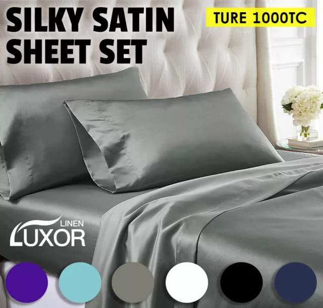 Luxury All Size Ultra SOFT Art Silk Satin Sheet Set Flat Fitted Sheet Pillowcase