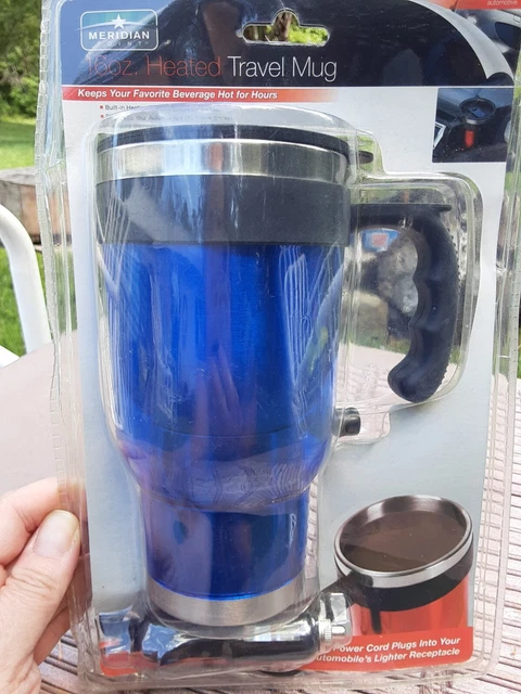 NEW 16 oz. Heated Travel Car Auto Mug Cup Stainless Steel Blue Black Handle