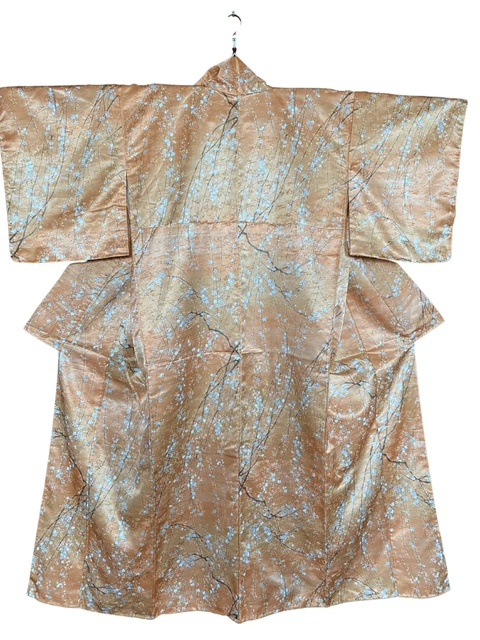 Japanese kimono SILK ShortSleeve, Shiny Orange Gold, White Sakura, 165cm
