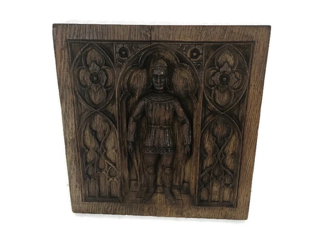 Gorgeous Antique Hand Carved Wooden Gothic Panel Knight  Pediment Salvaged recla