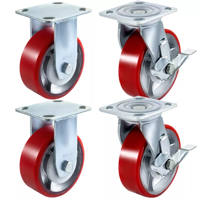 VEVOR 4PCS Heavy Duty Caster Set 6" Polyurethane on Cast Iron Wheels No Mark Red