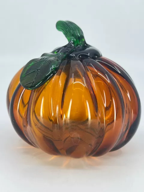 DARK AMBER GLASS PUMPKIN Green Stem Leaf 5"H Fall Halloween Pumpkin Autum Decor