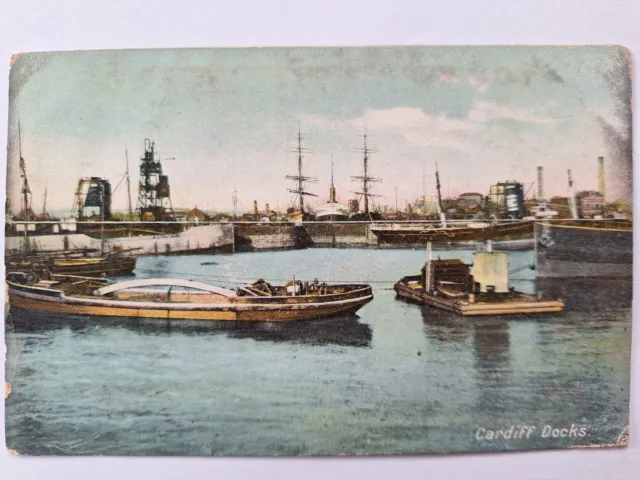 Cardiff Docks, Boats, Posted 1908, Brown & Rawcliffe Vintage Colour Postcard.