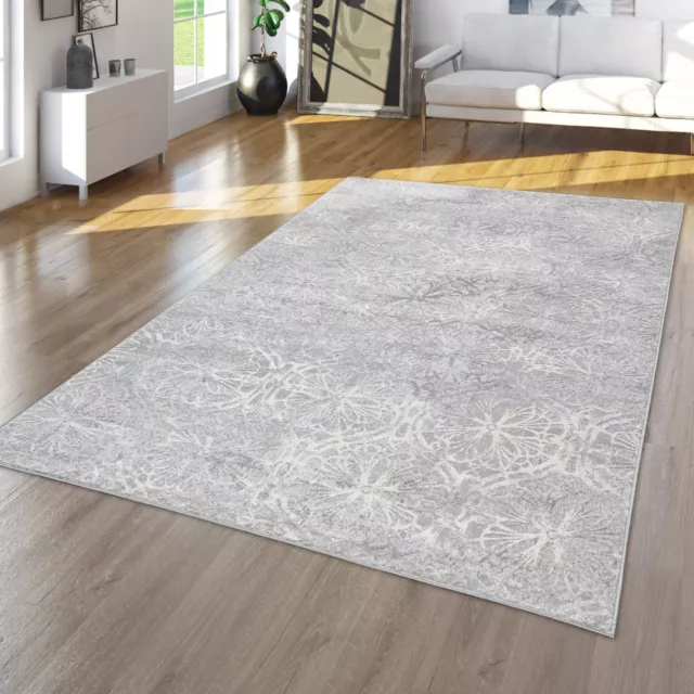 Alfombra Salón Pelo Corto Diseño Flores Oriental Con Ornamentos Gris