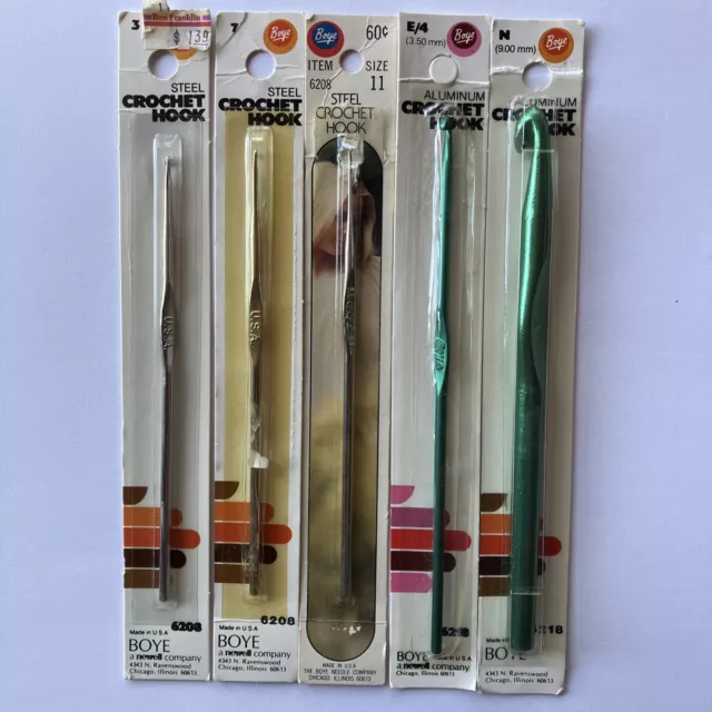 Boye USA Crochet hooks in original packaging, lot of 5 vintage Boye U.S.A.