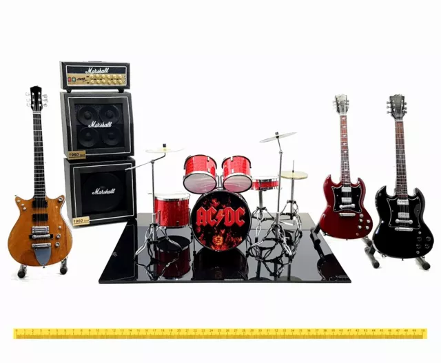 Mini live set AC/DC tribute 1:4 miniature drum kit + guitar Angus Young acdc box