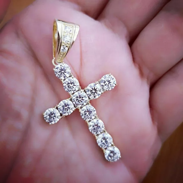 3Ct Round Genuine Tested Moissanite Cross Pendant 14K Yellow Gold Plated Silver
