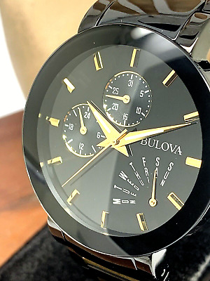 Bulova Men's Watch 98C124 Quartz Two Tone Stainless Steel Gold & Black Dial 40mm