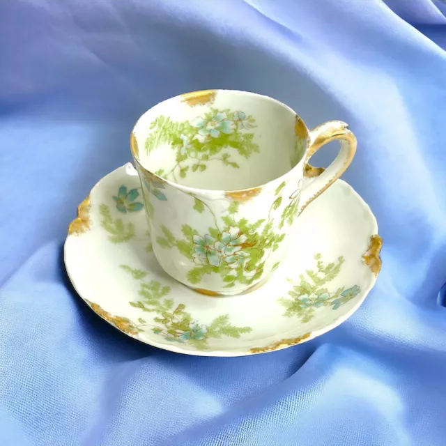 Vintage Haviland Limoges, France Demitasse Cup & Saucer Set Blue Flowers w Gold