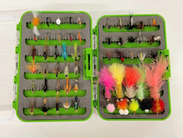 Trout Fishing Flies, Boxed Set of 60 Flies, Full variety and Sizes, Fly Fishing
