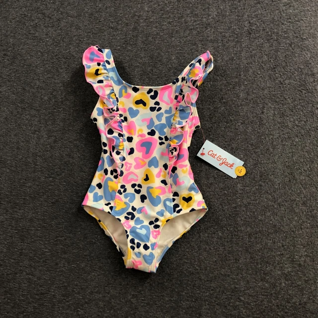 Girls Cat & Jack Pink Leopard Print Ruffled One Piece Swimsuit Size XS 4-5 NWT