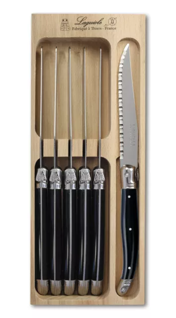 Laguiole Steak Knife Set in Wooden Tray, Set of 6, Black