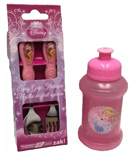 DISNEY PRINCESS KIDS EASY GRIP FLATWARE CUTLERY & 9oz DRINK BOTTLE SET