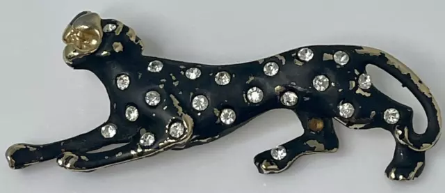 Black Panther Leopard Puma Cat Rhinestone Gold Tones Vintage Jewelry Brooch