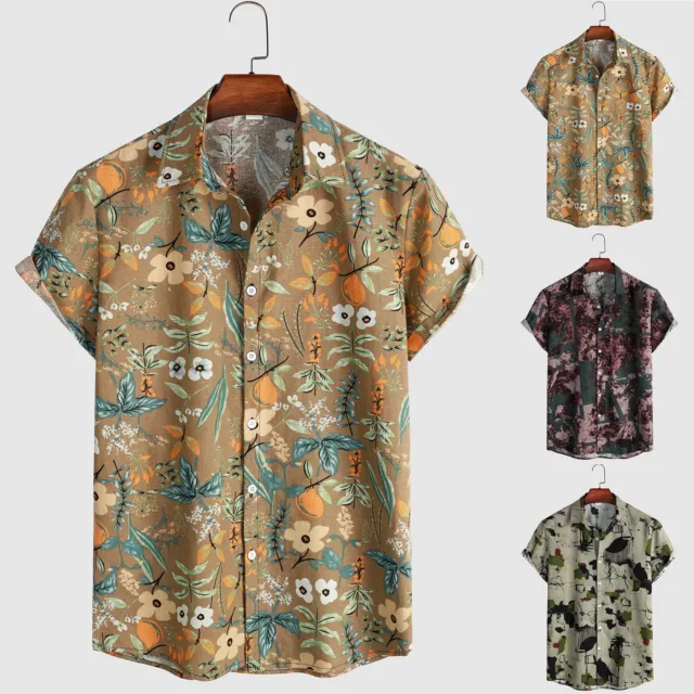 Mens Spring And Summer Fashion Casual Printing Lapel Short Sleeve Cotton And