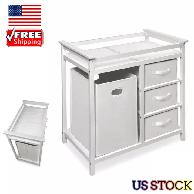 Handsome Changing Table w/ 3 Basket Hamper Storage Modern Bedroom Cabinet White