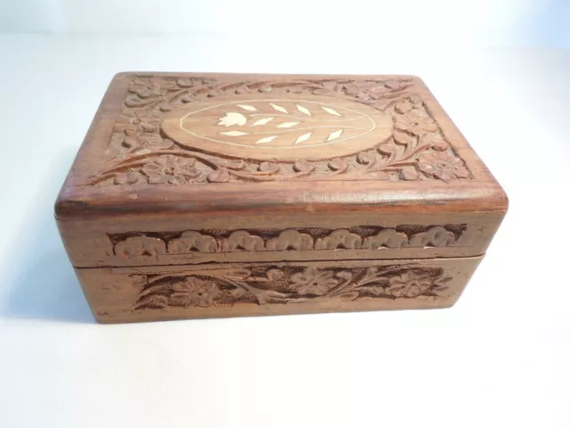 Vintage Hand Carved Wood Trinket Box Ornate Floral Design with White Inlay Lid