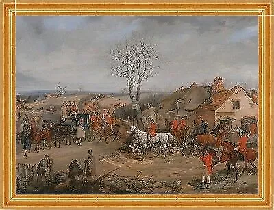 Hunting Scene: The Meet Alken Jagd Pferde Hunde Reiter Dorf B A3 00093 Gerahmt