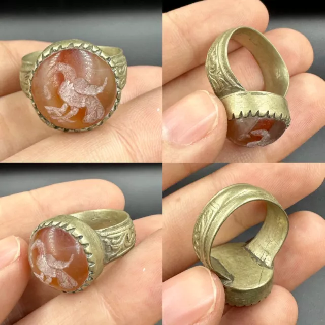 Very old ancient Roman bronze ring with animal intaglio