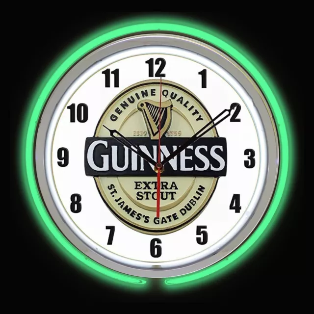 15" Guinness Stout Beer Sign Green Double Neon Clock Man Cave Garage Bar