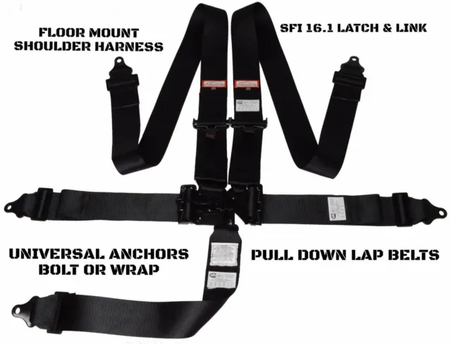 Single Buggy Racing Harness Sfi 16.1 Latch & Link Floor Mount 5 Pt Black