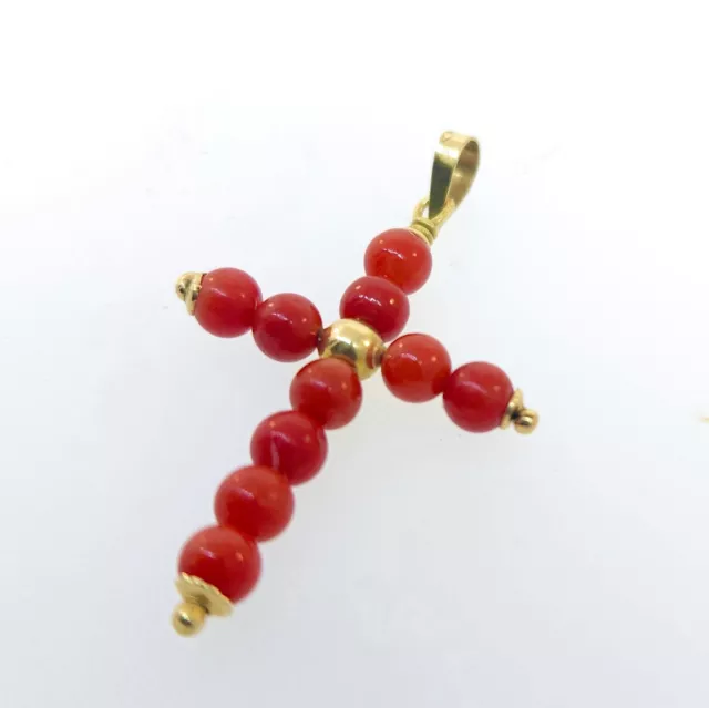 Vintage 18k Yellow Gold Italian Coral Bead Cross Pendant