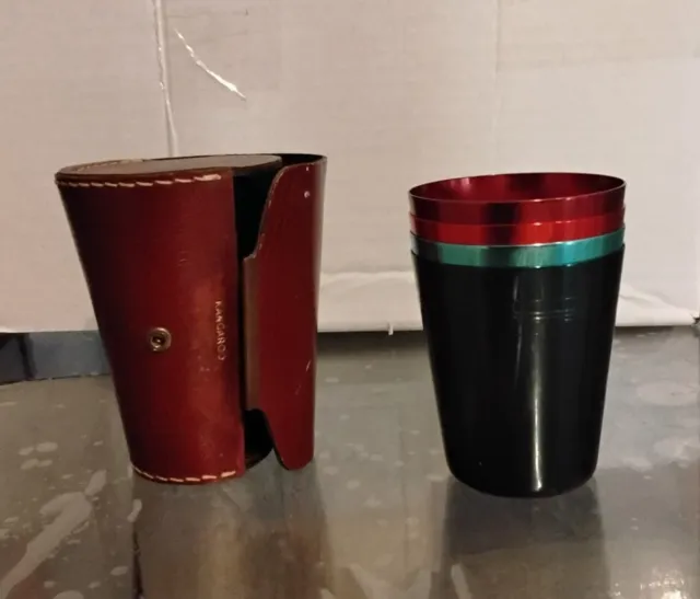  Set 4 Vintage 'Peacock Ware' Tahiti Anodized Travel Cups in Case w/Opener