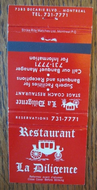 Stagecoach Matchbook Matchcover: La Diligence Restaurant (Montreal, Quebec) -E6