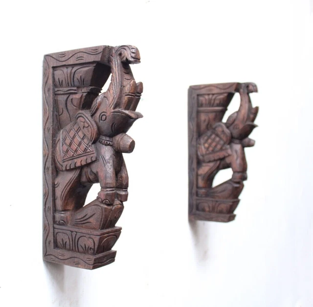 Wooden Wall Bracket Small Corbel Pair Elephant Vintage Entrance Home Decor Shelf