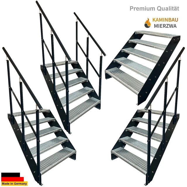 Premium Außen -Treppe 5 Stufen Breite 60-140cm H: 95cm  Wangen & Geländer Anth.
