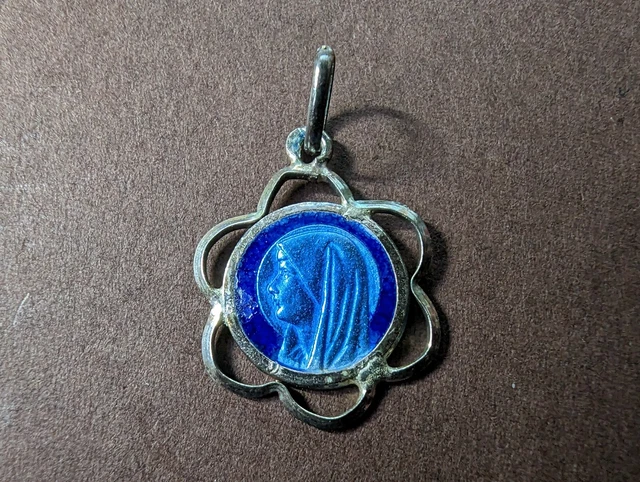 Ancienne Médaille Religieuse Vierge Marie En Argent Massif Et Émail Bleu - Pendentif Vintage