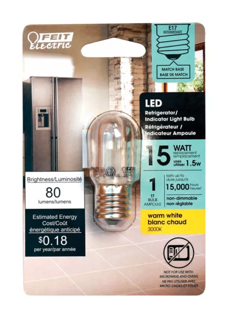 FEIT  1.5 watts T7 LED Bulb 80 lumens Warm White E17 Base Refrigerator Bulb