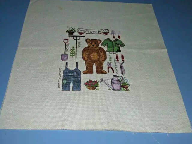 Completed Cross Stitch - Gardener Bear - Unframed