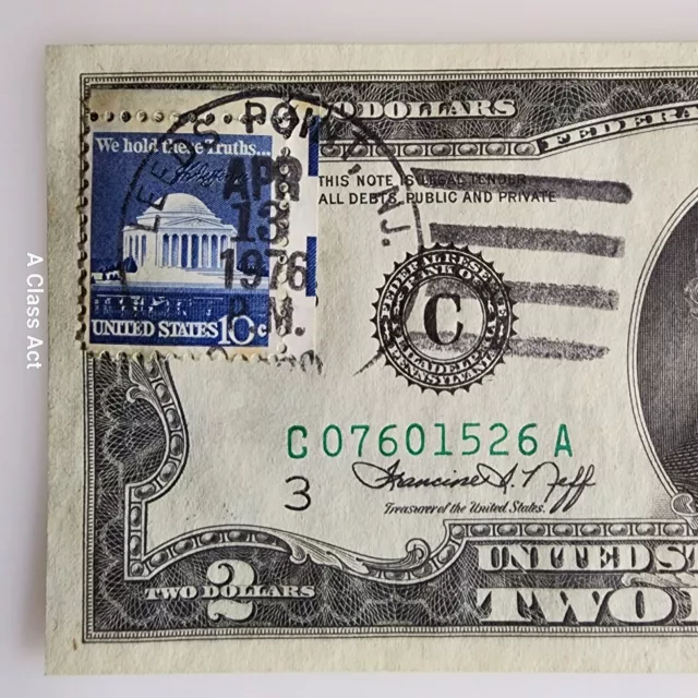 NICE US $2 Dollar Bill 1976 (C) Note USPS Stamp, Canceled Leeds Point, NJ T8107