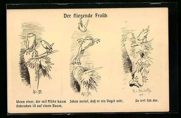 Künstler-AK Wilhelm Busch: Der Fliegende Frosch, Frosch stürzt beim Sprung ab