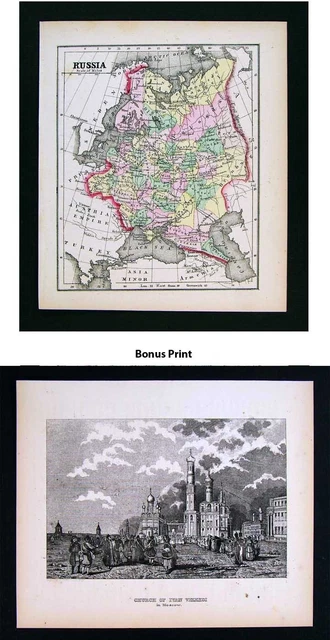 1857 Morse Map x 2 -  Russia in Europe & Print of Church of Ivan Velekoi Moscow