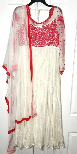 White suit with hot Pink Lace work,  Salwar Kamiz Ethnic Dress Suit, 2 piece