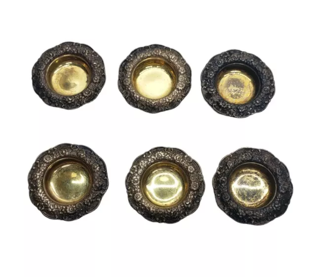 Antique Tiffany & Co. Sterling Silver Salt Dips Set Of 6 Repoussed Floral Motif