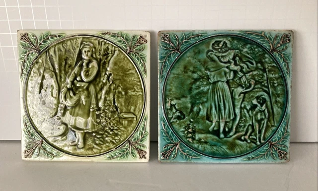 Set ( 2) Antique Majolica Tiles  - 1  Romantic Scene - 1 Girl Gathering  - Green