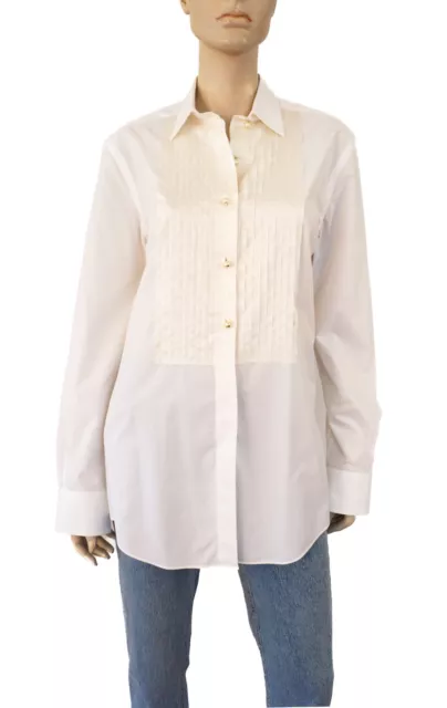 LANVIN Faux Pearl Button Pleated Cotton Poplin Tuxedo Shirt 42 US 10 2