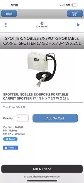 Spotter, Nobles Ex-Spot-2 Portable Carpet Spotter 17 1/2 H X 7 3/4 W X 21 L