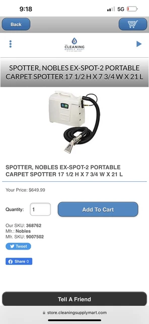 Spotter, Nobles Ex-Spot-2 Portable Carpet Spotter 17 1/2 H X 7 3/4 W X 21 L