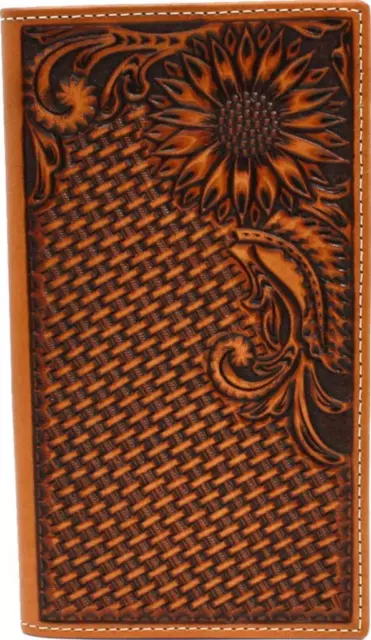 Nocona Western Wallet Mens Rodeo Leather Tooled Sunflower Weave Tan N500010008