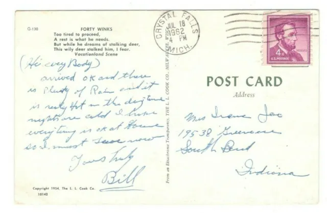 Forty Winks Greetings Crystal Falls Michigan Vintage Postcard EB135 2