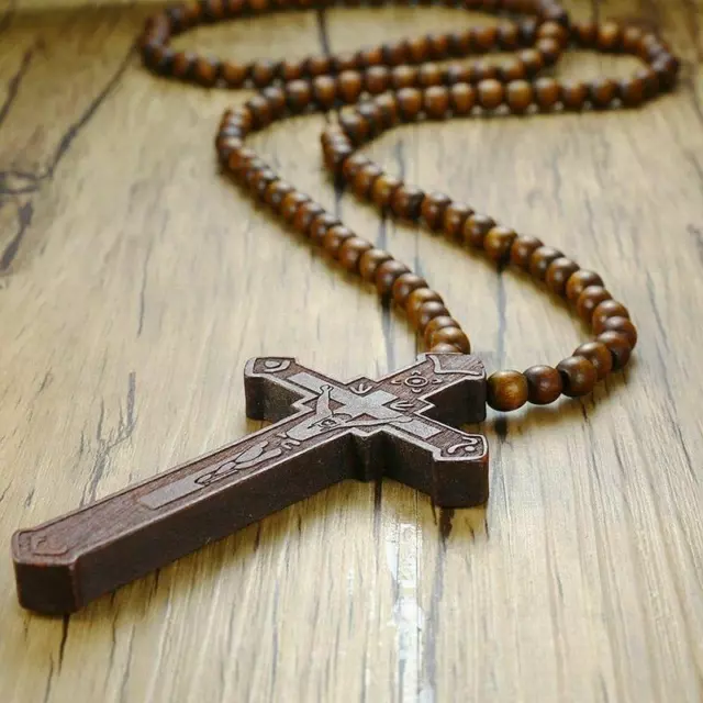 Men Long Rosary Necklace Jesus Christ Cross Pendant Wooden Beads Necklaces 1pc