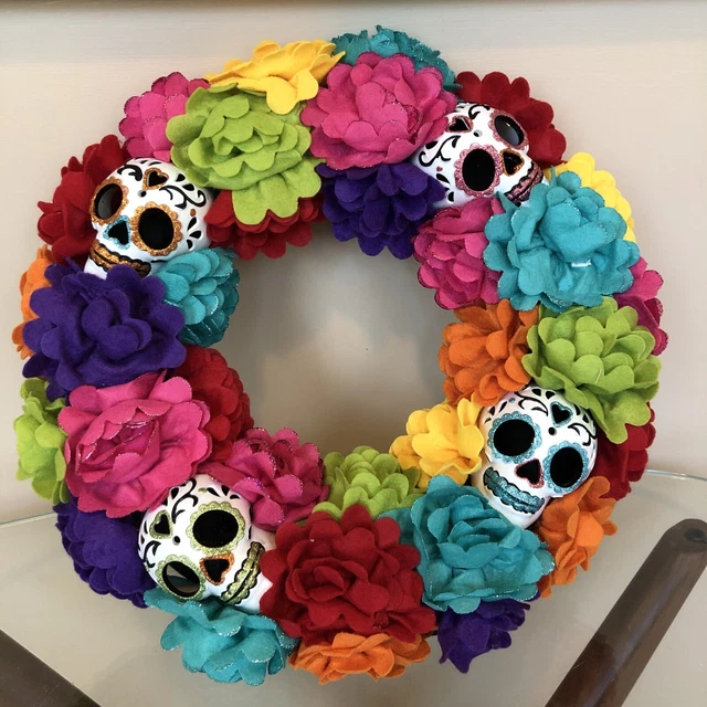 Day of the Dead Dia De Los Muertos Sugar Skull Felt Wreath 16” Mexican Folk Art