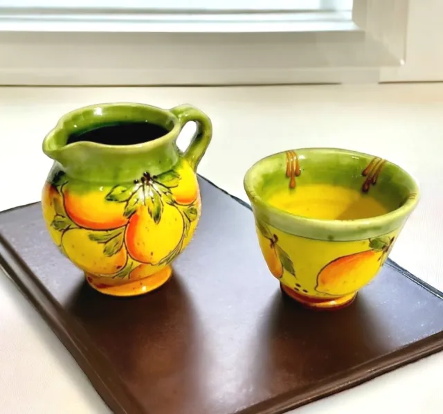 Majolica Pottery Creamer and Sugar Set Lemons Yellow Hand Painted Artist Signed