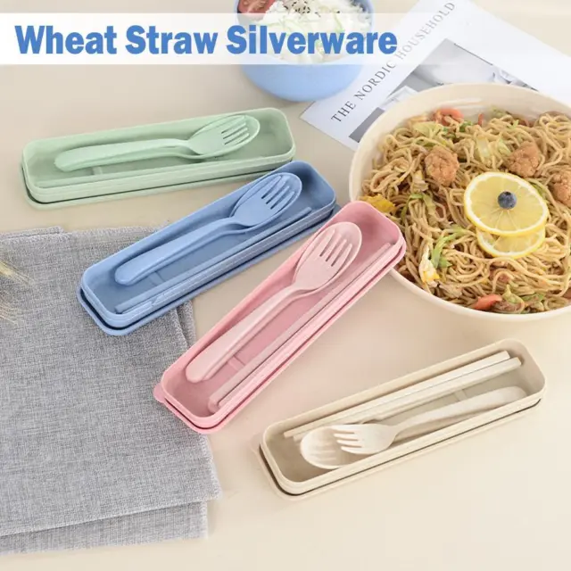 3PCS/Set Cutlery Wheat Straw Spoon Fork Chopsticks Students Tableware> Box J1L2