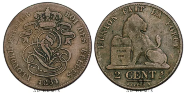 Belgien 2 centimes 1864 Leopold I Lyon Monogramm Kupfer Münze Belgischer